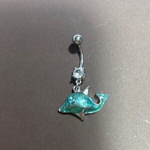Belly Button Piercing- green dolphin with blue eye